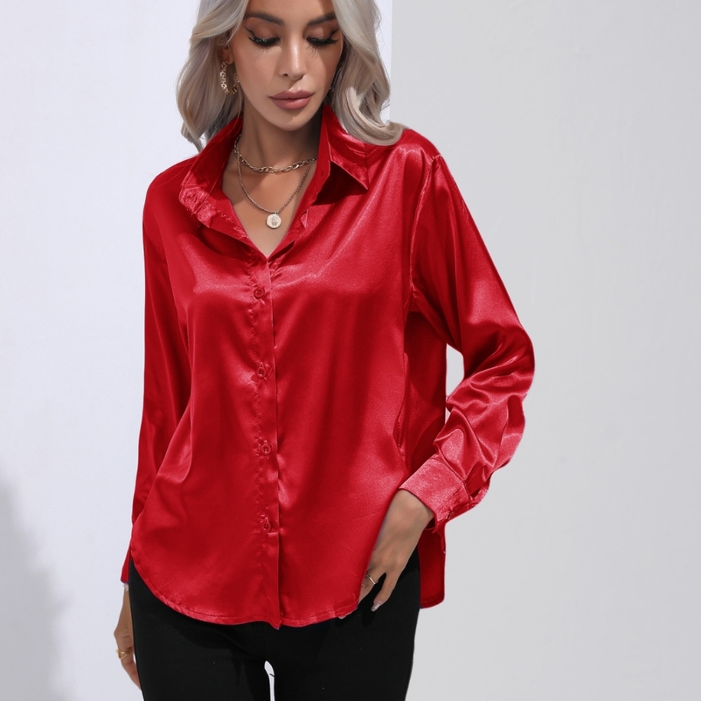 Satin Serenity Button-Up Shirt - Red